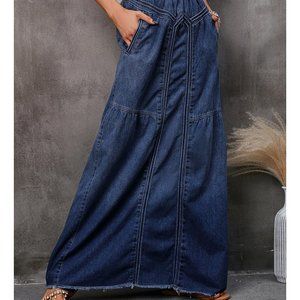 Deep Blue Elastic-Waist Denim Maxi Skirt XL